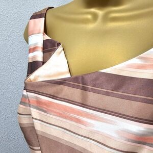 Pastel Pink Brown Satin Cocktail Party Sheath Dress Sm Stripe Asymmetric Guest